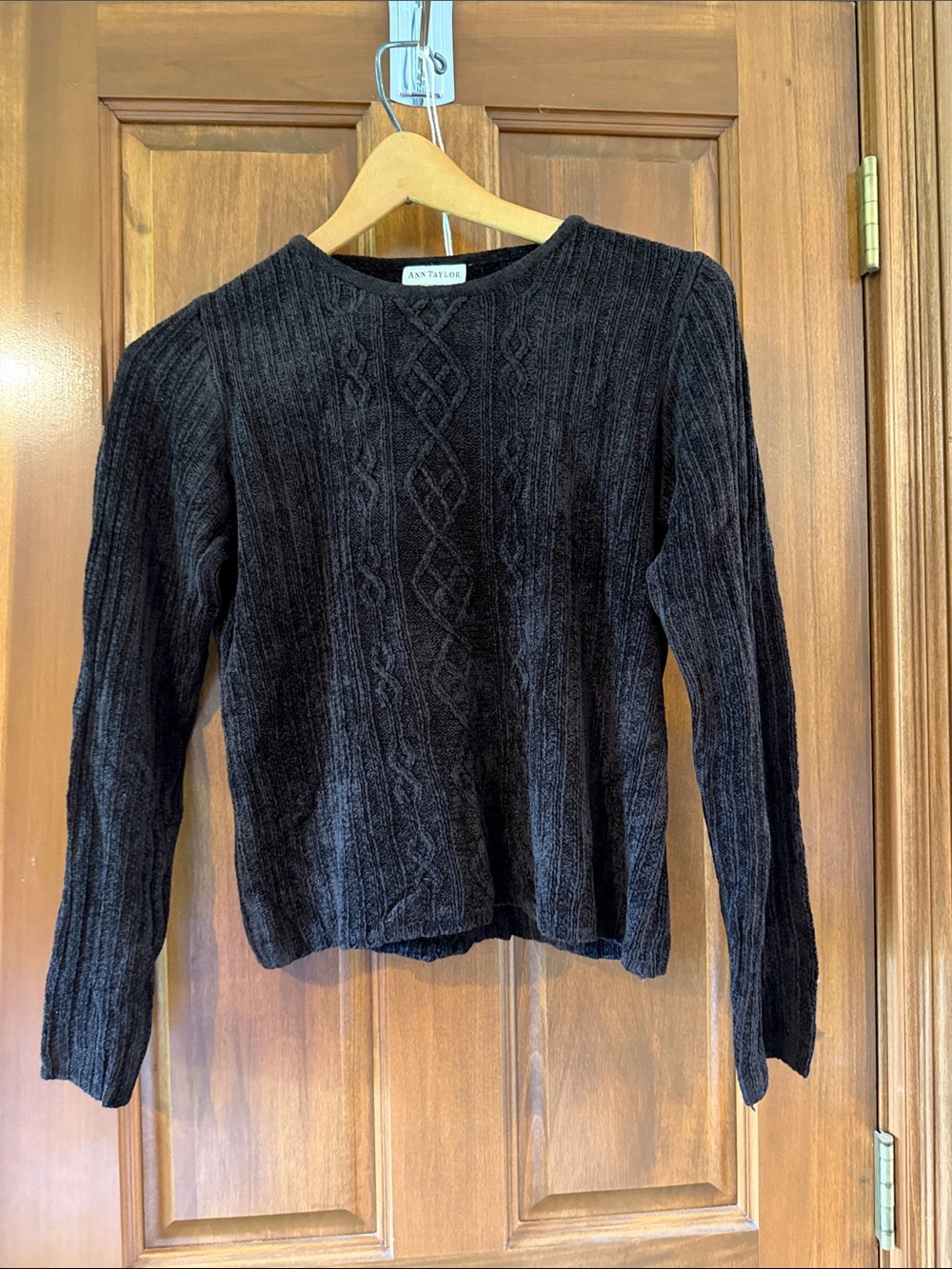 Ann Taylor Black Textured Cable Crewneck Sweater